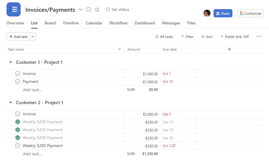Asana Project Management Software with Invoicing